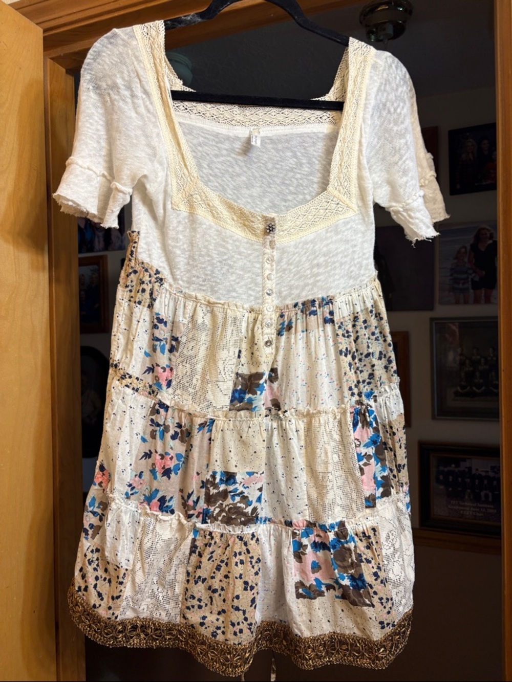 Free People Cream Floral Tiered Mini Dress with Blue and Pink Accents